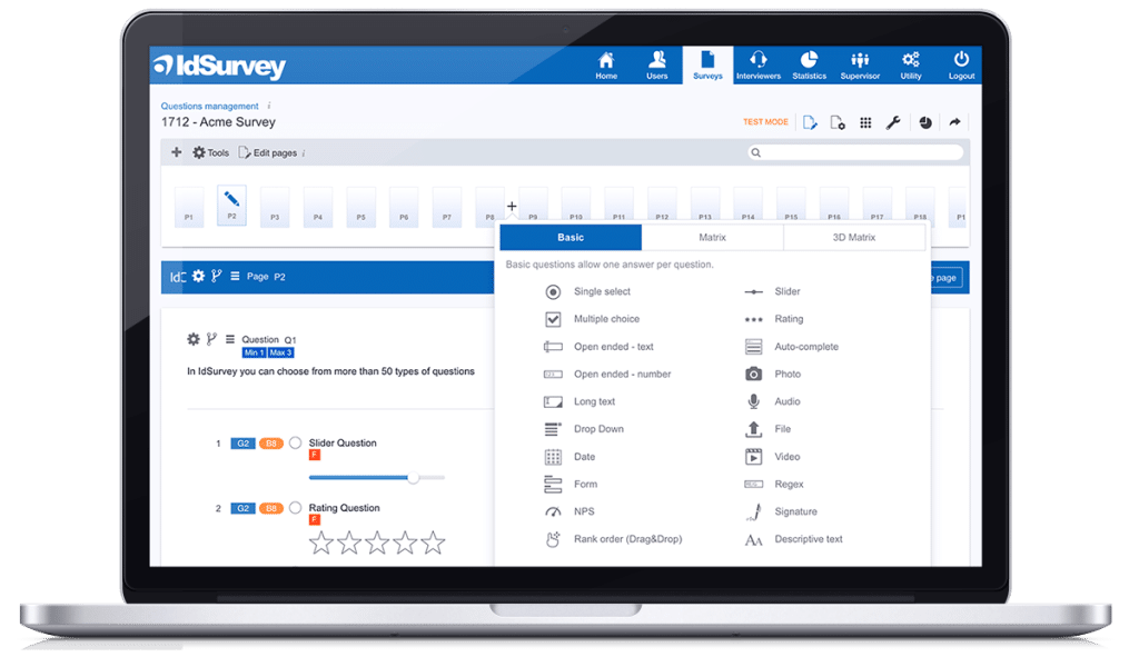 Graphic interface of the survey design software IdSurvey which enables you to create custom telephone, online and offline surveys.