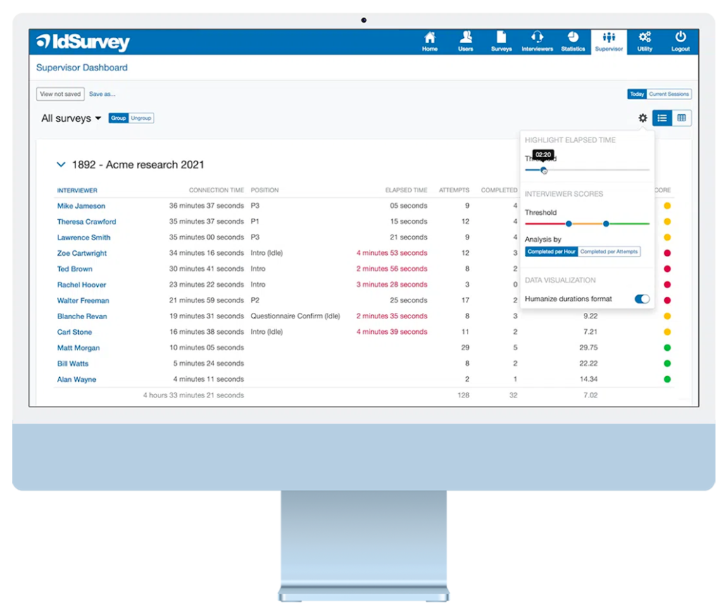 Supervisor is IdSurvey's advanced tool for real-time monitoring of interviewers' productivity during telephone surveys.